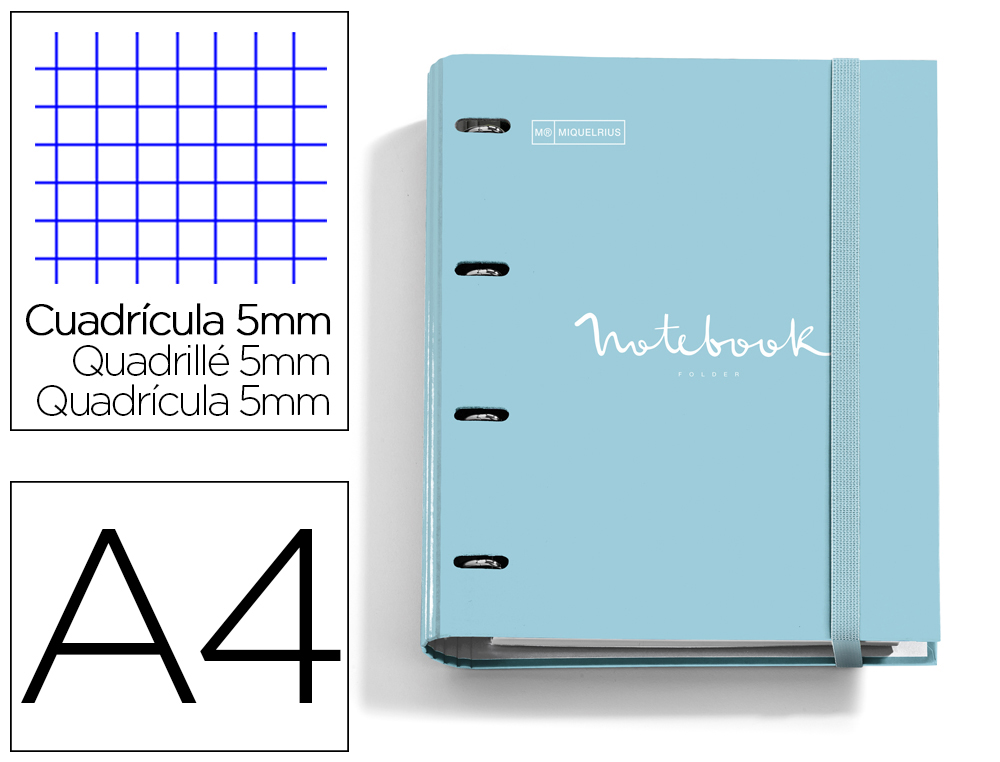 CARPETA CON RECAMBIO MIQUELRIUS EMOTIONS DIN A4 CUADRO 5 MM 4 ANILLAS 35 MM COLOR AZUL CIELO