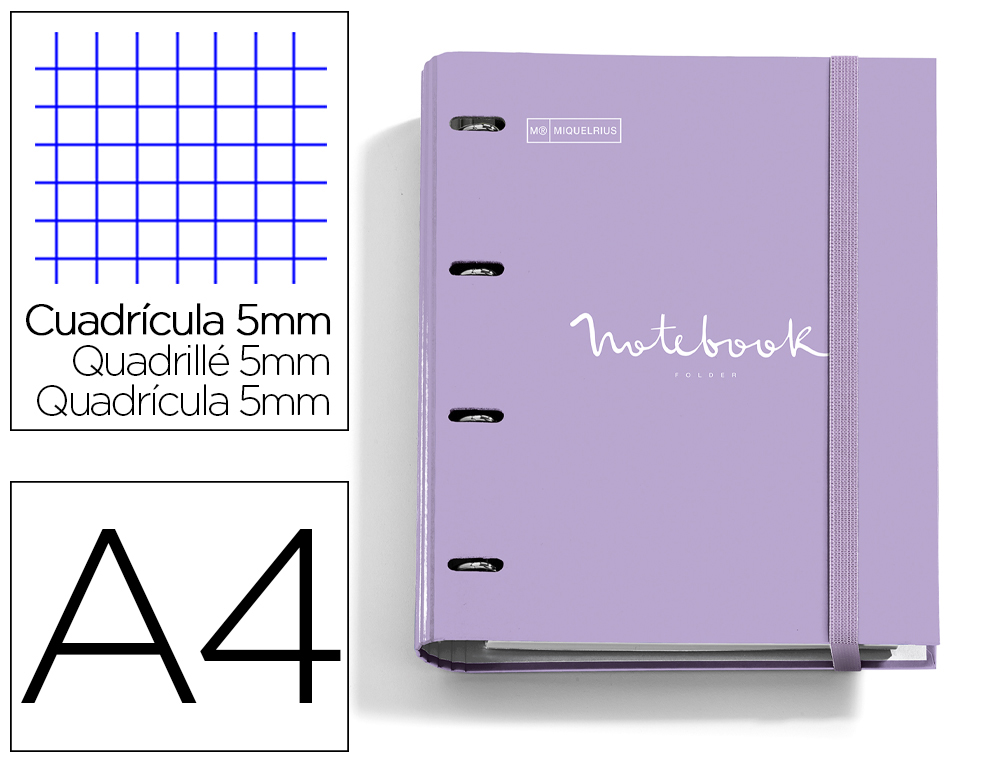 CARPETA CON RECAMBIO MIQUELRIUS EMOTIONS DIN A4 CUADRO 5 MM 4 ANILLAS 35 MM COLOR LAVANDA