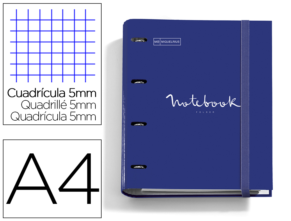 CARPETA CON RECAMBIO MIQUELRIUS EMOTIONS DIN A4 CUADRO 5 MM 4 ANILLAS 35 MM COLOR AZUL MARINO