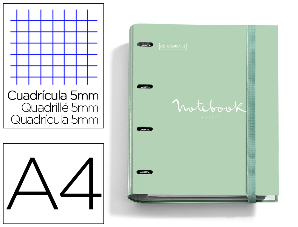 CARPETA CON RECAMBIO MIQUELRIUS EMOTIONS DIN A4 CUADRO 5 MM 4 ANILLAS 35 MM COLOR VERDE MENTA