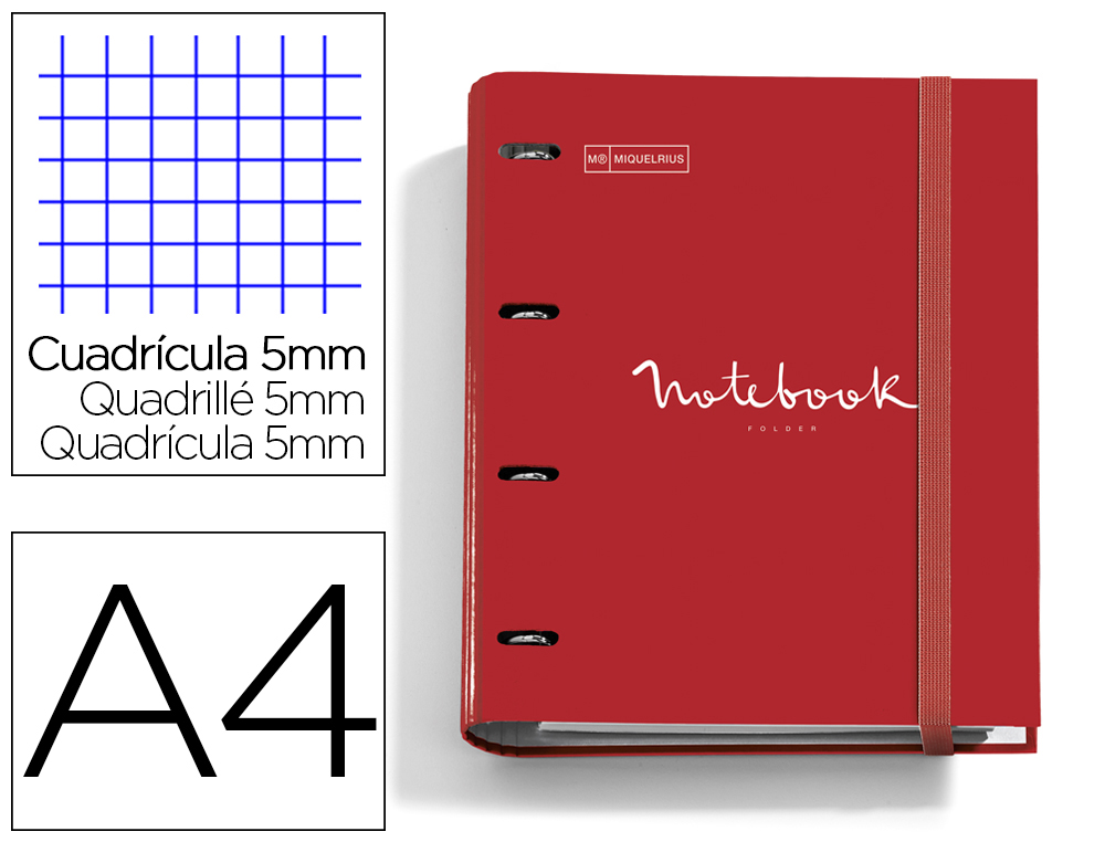 CARPETA CON RECAMBIO MIQUELRIUS EMOTIONS DIN A4 CUADRO 5 MM 4 ANILLAS 35 MM COLOR ROJO