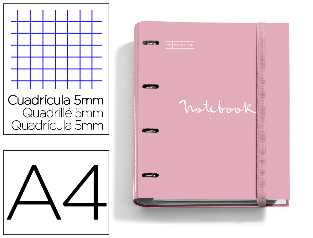 CARPETA CON RECAMBIO MIQUELRIUS EMOTIONS DIN A4 CUADRO 5 MM 4 ANILLAS 35 MM COLOR ROSA