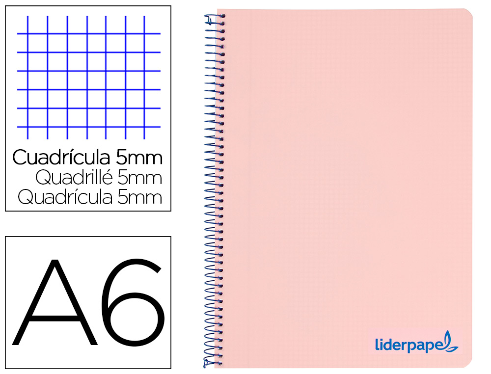 Cuaderno espiral liderpapel a6 micro wonder tapa plastico 120h 90 gr cuadro 5mm 4 bandas color rosa