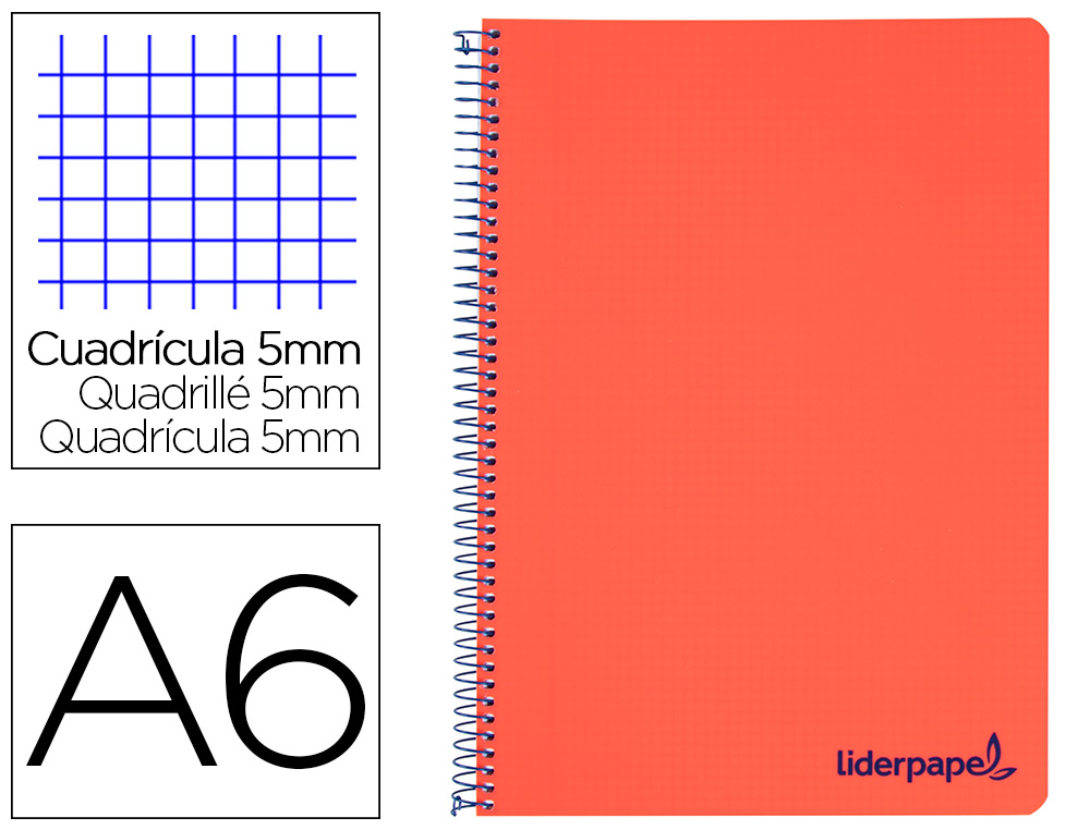 Cuaderno espiral liderpapel a6 micro wonder tapa plastico 120h 90 gr cuadro 5mm 4 bandas color rojo