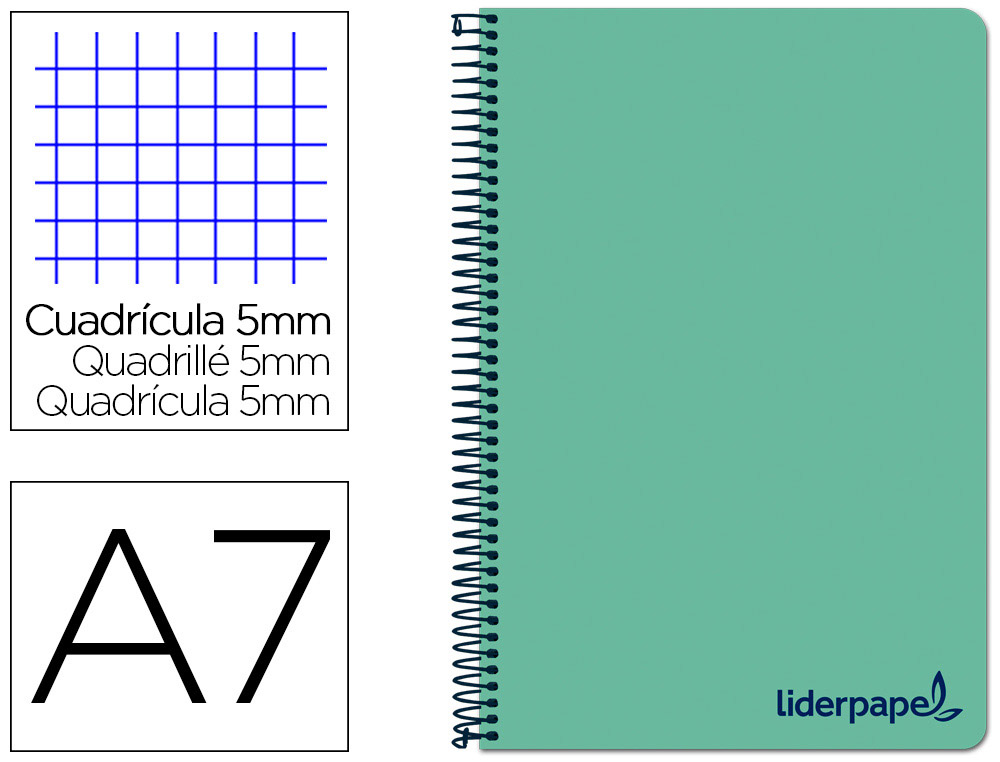 Cuaderno espiral liderpapel a7 micro wonder tapa plastico 100h 90 gr cuadro 5mm 4 bandas color verde