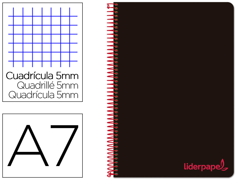 Cuaderno espiral liderpapel a7 micro wonder tapa plastico 100h 90 gr cuadro 5mm 4 bandas color negro