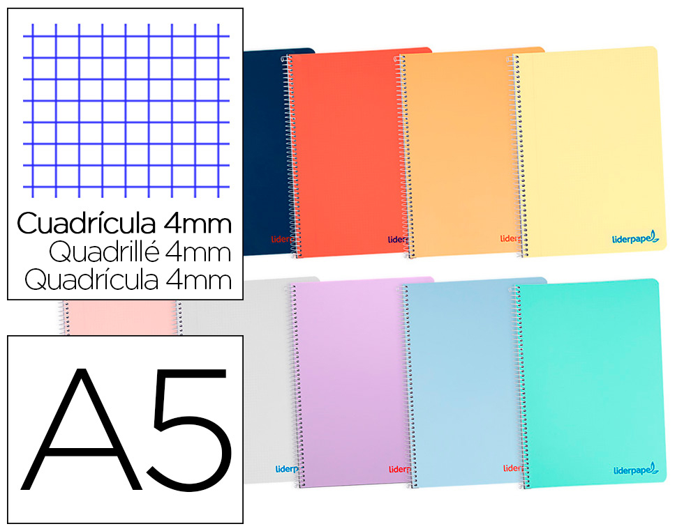 QUADERN ESPIRAL LIDERPAPEL A5 WONDER TAPA PLASTIC 80H 90G QUADRE 4MM AMB MARGE COLORS ASSORTITS