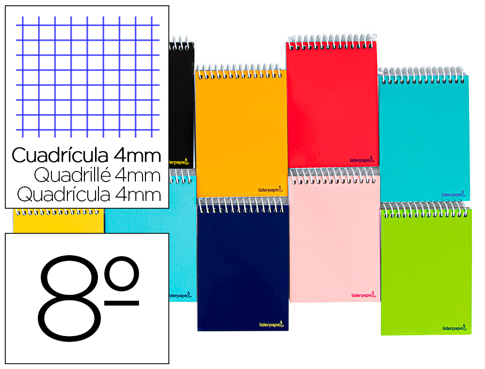 QUADERN ESPIRAL LIDERPAPEL BUTXACA VUIT APASAT SMART TAPA TOVA 80H 60GR QUADRE 4MM COLORS ASSORTITS