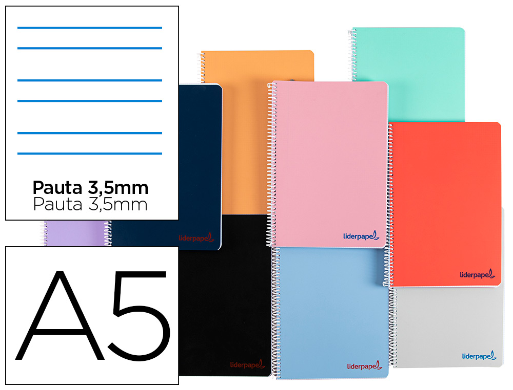 Cuaderno espiral liderpapel a5 wonder tapa plastico 80h 90g pauta 3,5mm con margen colores surtidos