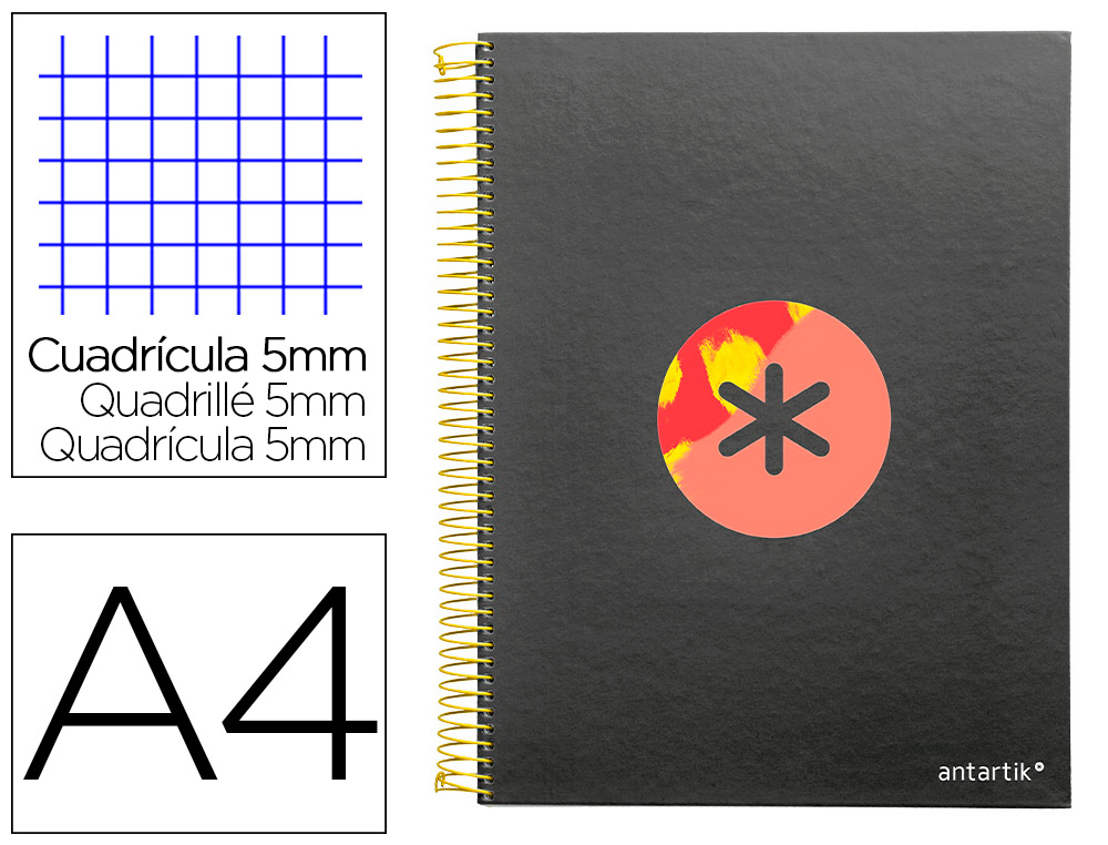 CUADERNO ESPIRAL LIDERPAPEL A4 MICRO ANTARTIK TAPA FORRADA120H 100 GR CUADRO 5 BANDA 4 TALADROS TRENDING NEGRO