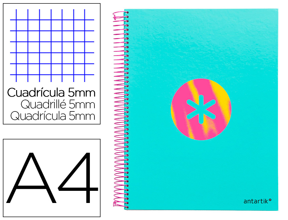 CUADERNO ESPIRAL LIDERPAPEL A4 MICRO ANTARTIK TAPA FORRADA120H 100 GR CUADRO 5 BANDA 4 TALADROS TRENDING TURQUESA