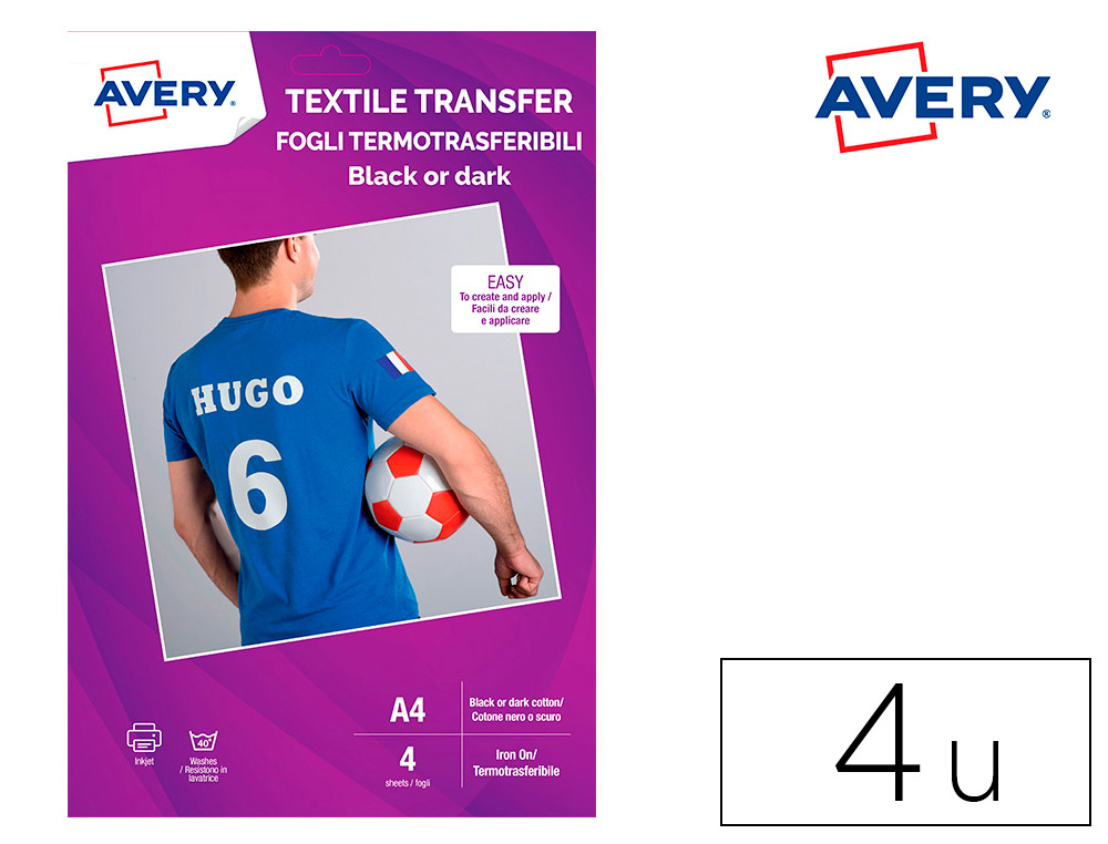 Ahís Distribuciones Castellón  PAPEL TRANSFER AVERY PARA CAMISETAS ALGODON  COLORES OSCUROS INK-JET DIN A4 PACK DE 4 HOJAS