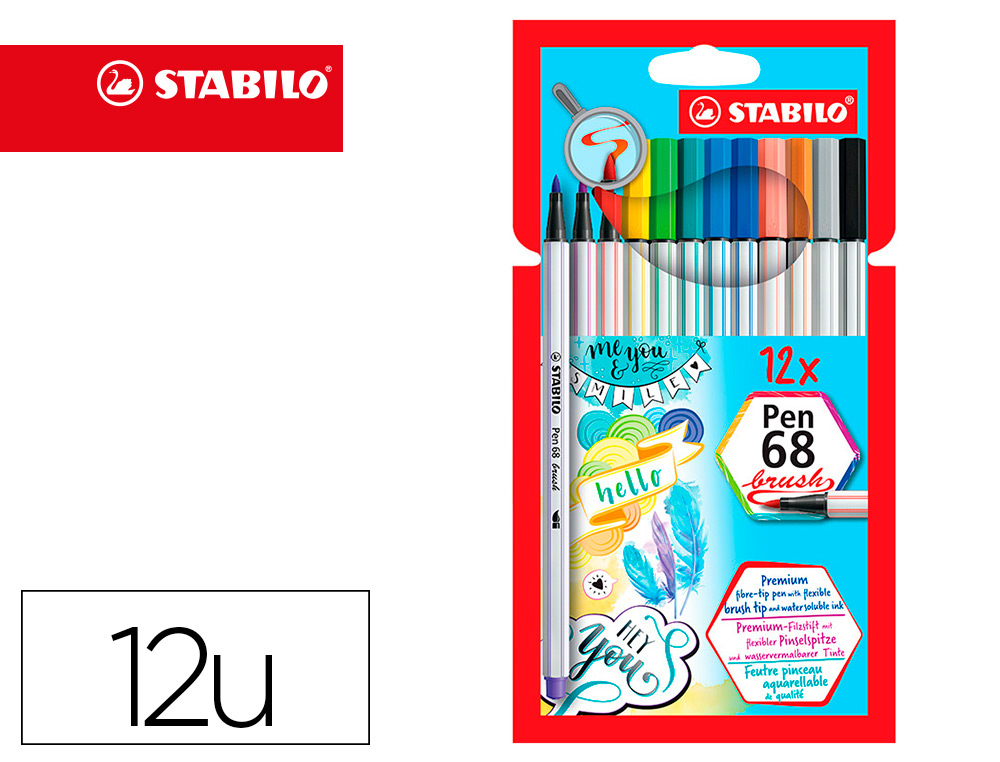 ROTULADOR STABILO ACUARELABLE PEN 68 BRUSH PUNTA PINCEL ESTUCHE DE 12  UNIDADES COLORES SURTIDOS