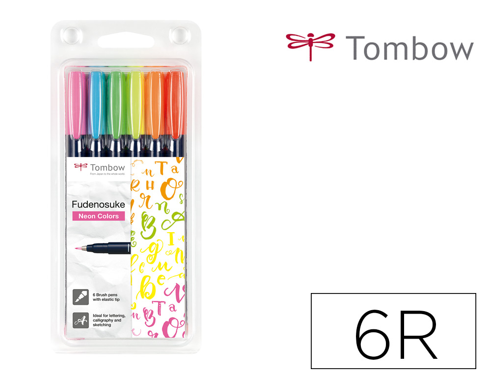 Rotulador tombow punta pincel dual fudenosuke punta dura tinta base de agua estuche de 6 unidades colores neon