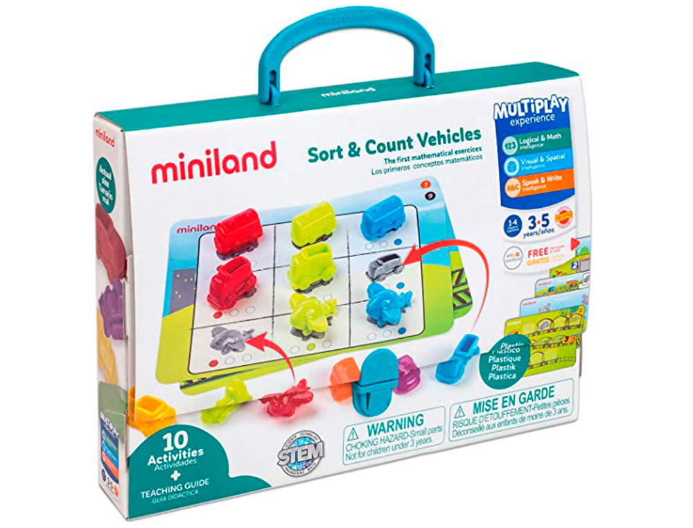 Juego miniland 36 vehiculos y 5 fichas de actividad a doble cara para logica matematica 310x70x531 mm