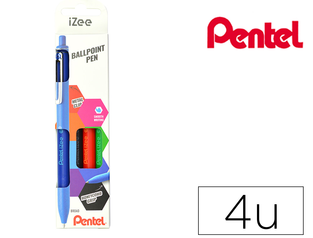 CONJUNTO COM 4 ESFEROGRAFICAS PENTEL IZEE PONTA DE 1,0MM RETRATEIS CORES AZUL PRETO VERMELHO E VERDE