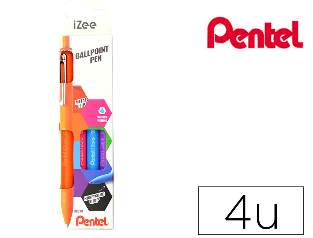 CONJUNTO COM 4 ESFEROGRAFICAS PENTEL IZEE PONTA DE 1,0MM RETRATEIS CORES LARANJA AZUL CEUROSA E VIOLETA