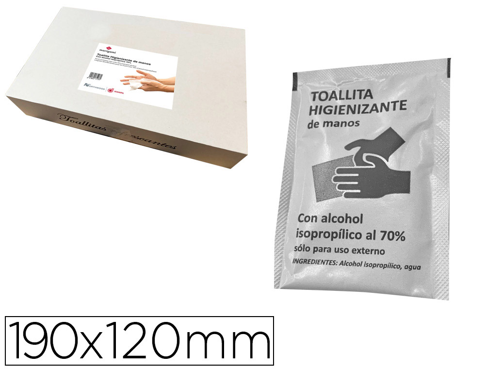 Toallita higienizante hidroalcoholica para manos medidas 190 x 120 mm paquetes individuales caja 500 unidades