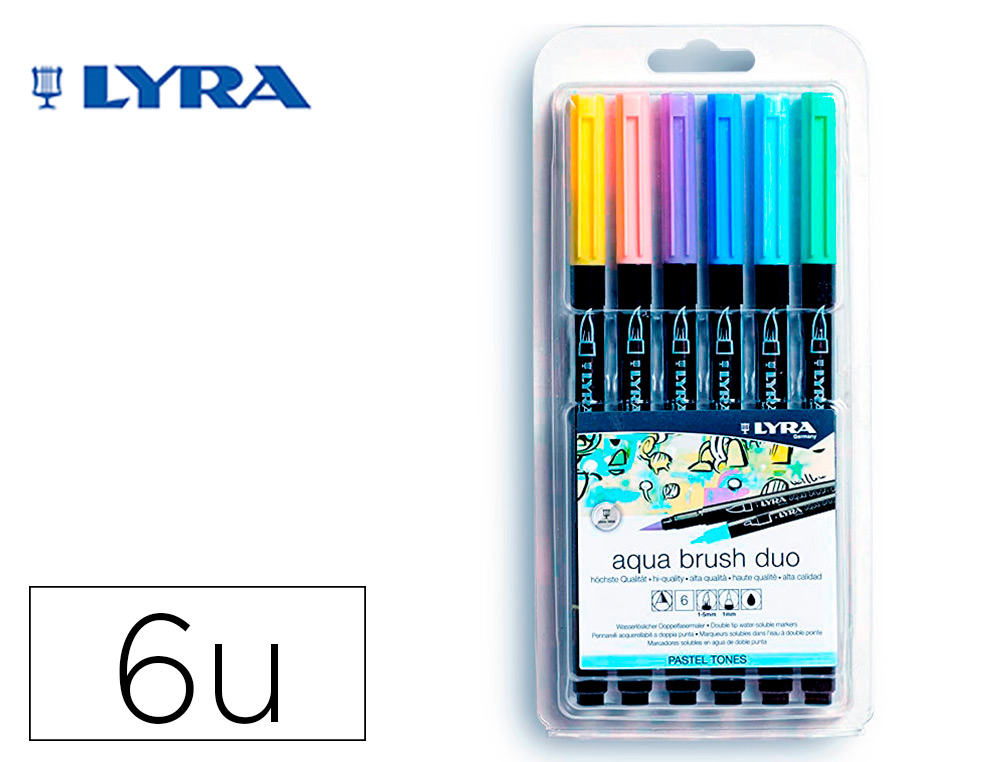 NOVA EXPRESS - MATERIAL DE OFICINA  ROTULADOR LYRA AQUA BRUSH ACUARELABLE  DOBLE PUNTA Y PINCEL TONOS PASTEL BLISTER DE 6 UNIDADES SURTIDAS