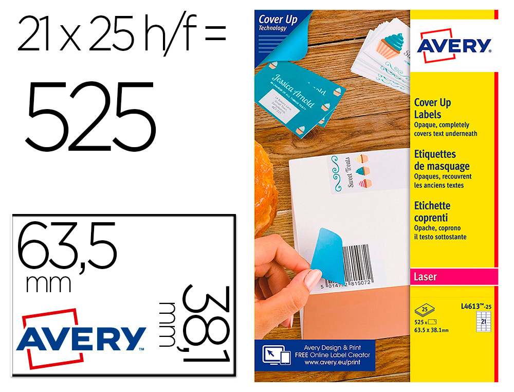 ETIQUETA ADHESIVA AVERY PERMANENTE PARA IMPRESORA LASER BLANCA 63,5X38,1 MM CAJA DE 525 UNIDADES