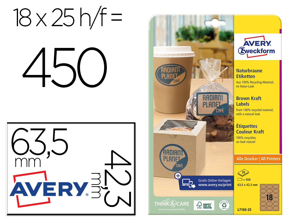 ETIQUETA ADHESIVA AVERY KRAFT EFECTO CARTON OVALADA 63,5X42,3 MM REMOVIBLE PARA LASER INK-JET