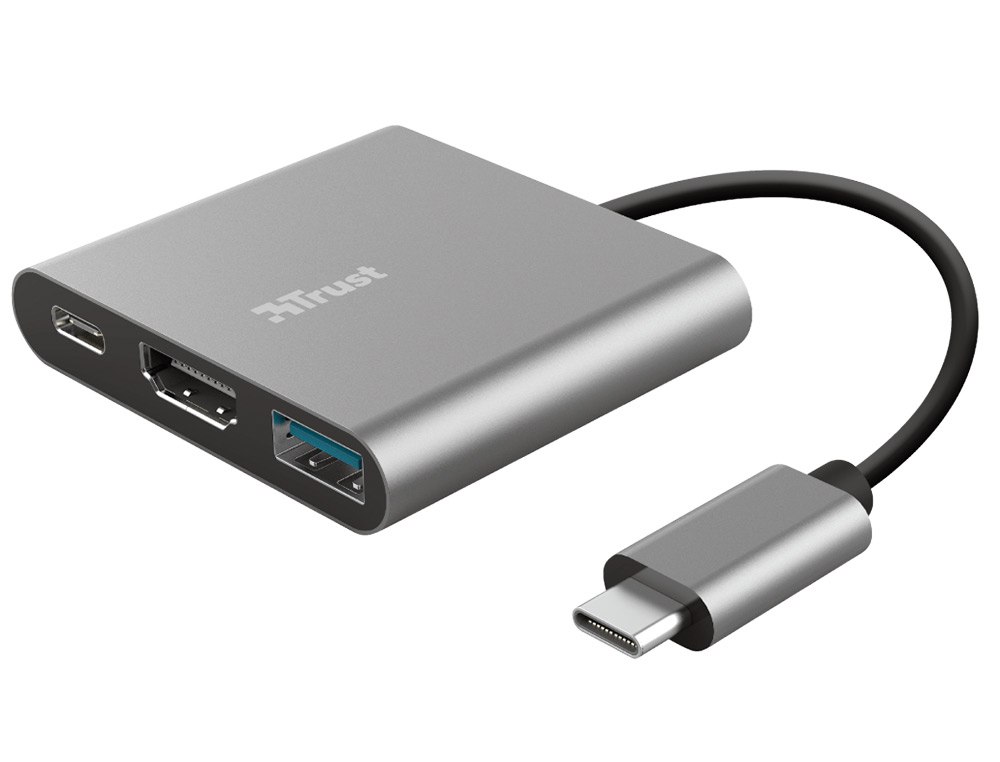 ADAPTADOR TRUST DALYX 3 EN 1 MULTIPUERTO USB-C / USB-A USB-C HDMI 2.0 COLOR  ALUMINIO