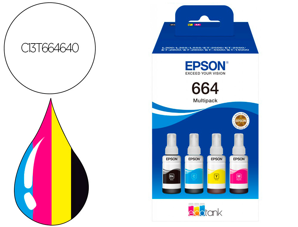 Tinta Epson 664 original, multipack de 4 botellas para EcoTank