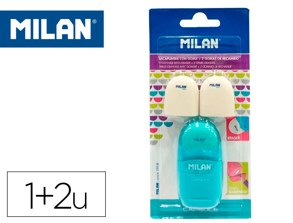 SACAPUNTAS MILAN CAPSULE PLASTICO 1 USO CON GOMA + 2 RECAMBIOS DE GOMA EN  BLISTER