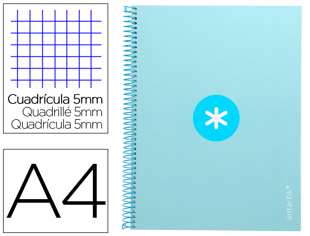 CUADERNO ESPIRAL A4 MICRO ANTARTIK TAPA FORRADA 80H 90 GR CUADRO 5MM 1 BANDA 4 TALADROS CELESTE