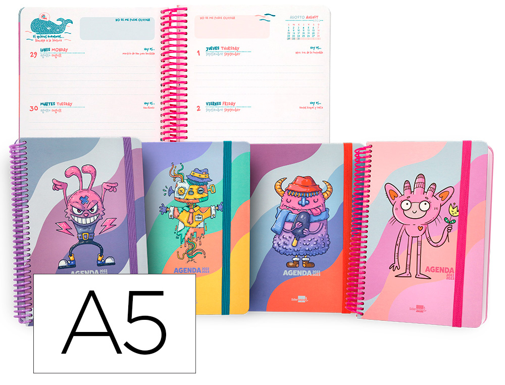 AGENDA ESCOLAR LIDERPAPEL CURSO 22-23 CLASSIC DIN A5 BILINGUE SEMANA VISTA ESPIRAL CIERRE CON GOMA