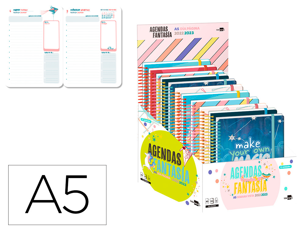 AGENDA ESCOLAR LIDERPAPEL CURSO 22-23 FANTASIA DIN A5 DIA PAGINA BILINGUE ESPIRAL EXPOSITOR DE 12 AGENDAS