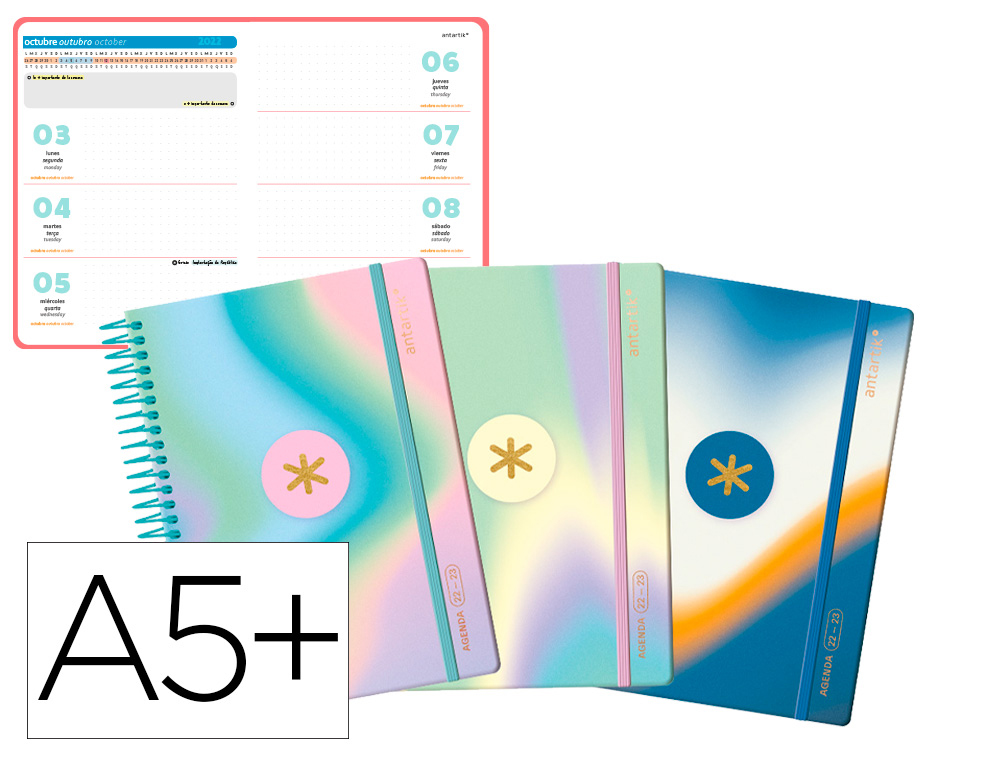 AGENDA ESCOLAR ANTARTIK CURSO 22-23 SEMANA VISTA A5+ PAPEL 90 GR 152 PAGINAS SOBRE MARCAPAGINAS Y PEGATINAS