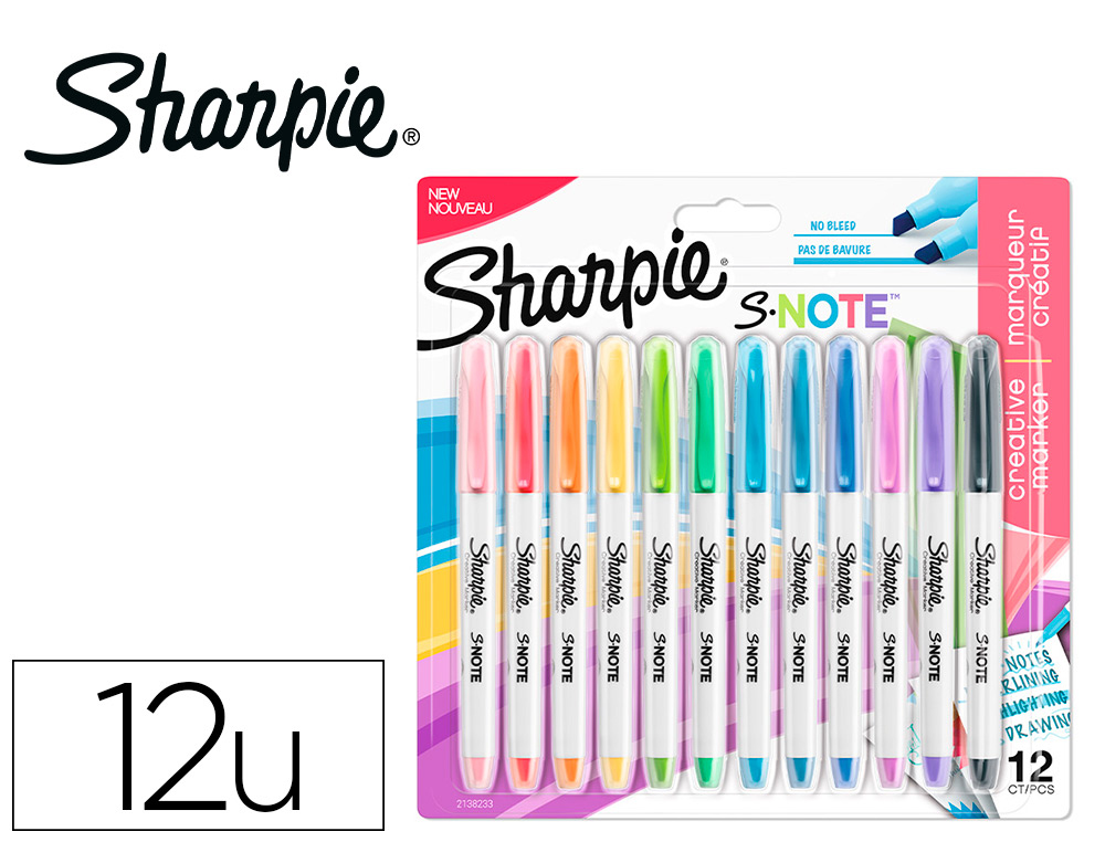 ROTULADOR SHARPIE PERMANENTE S-NOTE PUNTA BISELADA TRAZO 1,2 /3,87 MM  BLISTER 12 UNIDADES COLORES SURTIDOS