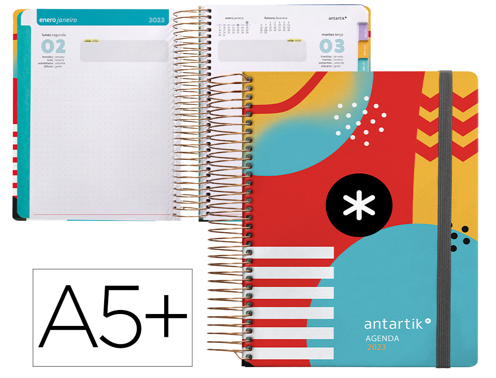 AGENDA DE OFICINA ANTARTIK 2023 DIA PAGINA 90 GR SOBRE MARCAPAGINAS Y 3 HOJAS DE PEGATINAS ROJO 165X215 MM