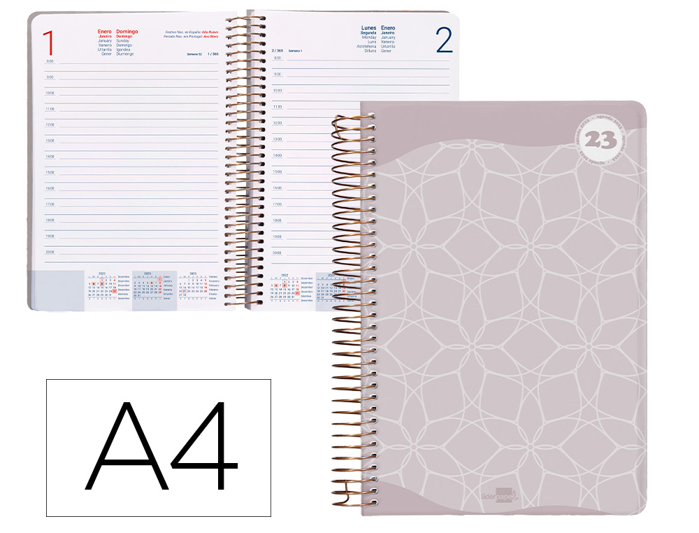 AGENDA ESPIRAL LIDERPAPEL CLASSIC A4 2023 DIA PAGINA PORTADA POLIPROPILENO PAPEL 70 GR COLOR GRIS