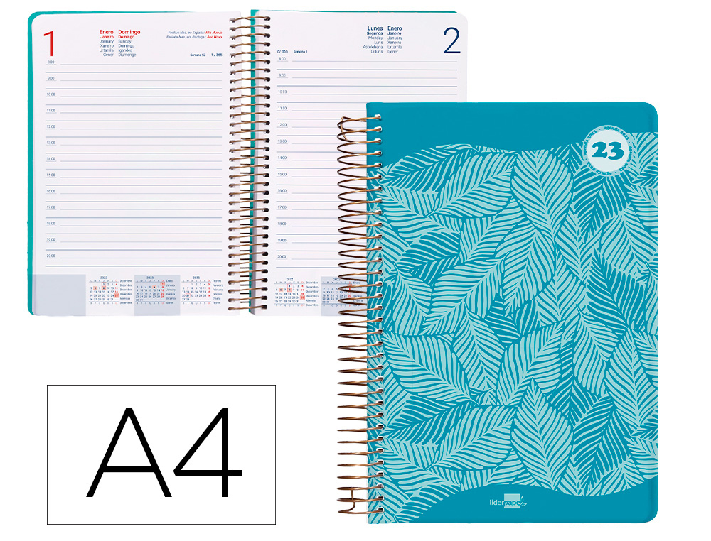 AGENDA ESPIRAL LIDERPAPEL CLASSIC A4 2023 DIA PAGINA PORTADA POLIPROPILENO PAPEL 70 GR COLOR VERDE