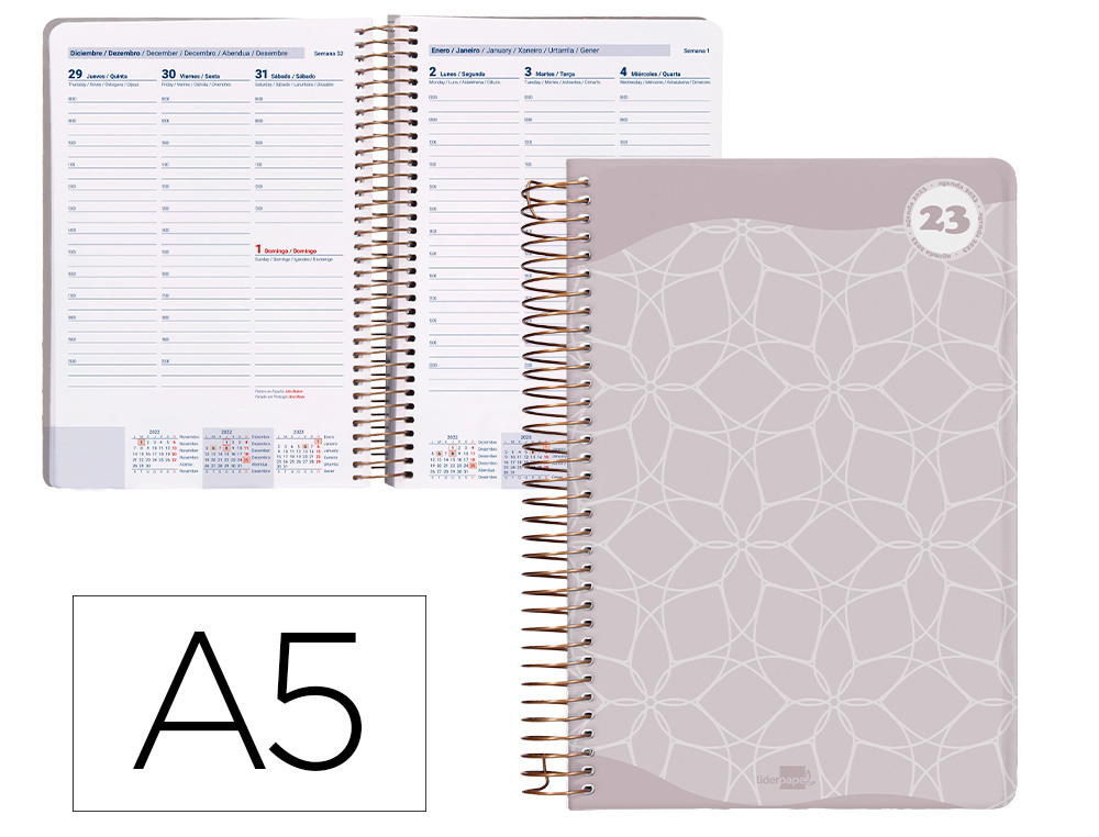 AGENDA ESPIRAL LIDERPAPEL CLASSIC A5 2023 SEMANA VISTA PORTADA POLIPROPILENO PAPEL 70 GR COLOR GRIS