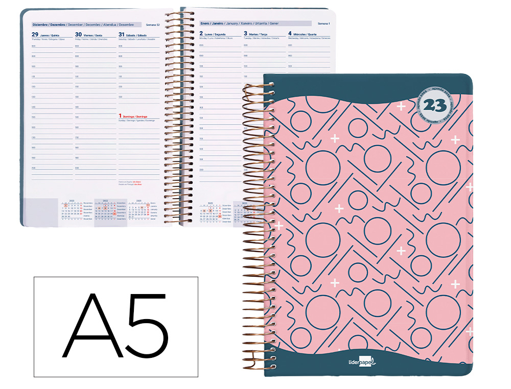 AGENDA ESPIRAL LIDERPAPEL CLASSIC A5 2023 SEMANA VISTA PORTADA POLIPROPILENO PAPEL 70 GR COLOR ROSA