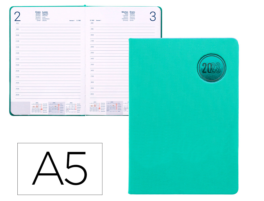 AGENDA ENCUADERNADA LIDERPAPEL KILKIS 15X21 CM 2023 DIA PAGINA COLOR TURQUESA PAPEL 70 GR