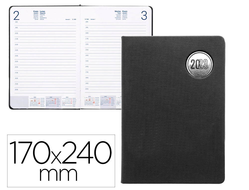 AGENDA ENCUADERNADA LIDERPAPEL KILKIS 17X24 CM 2023 DIA PAGINA COLOR NEGRO PAPEL 70 GR