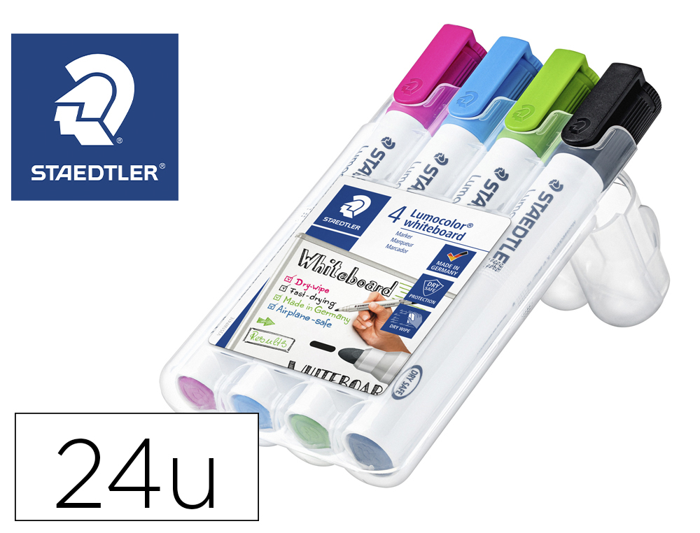 Rotulador staedtler lumocolor 351 para pizarra blanca punta redonda 2 mm recargable estuche 4 unidades colores