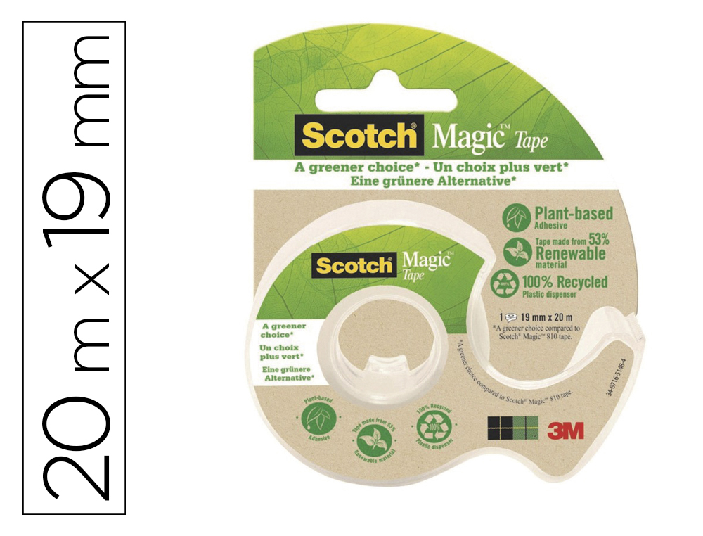 Cinta adhesiva scotch magic invisible 20 mt x 19 mm ecologica en miniportarrollo