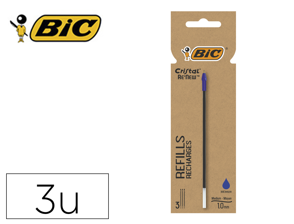 Recambio boligrafo bic cristal renew color azul blister de 3 unidades