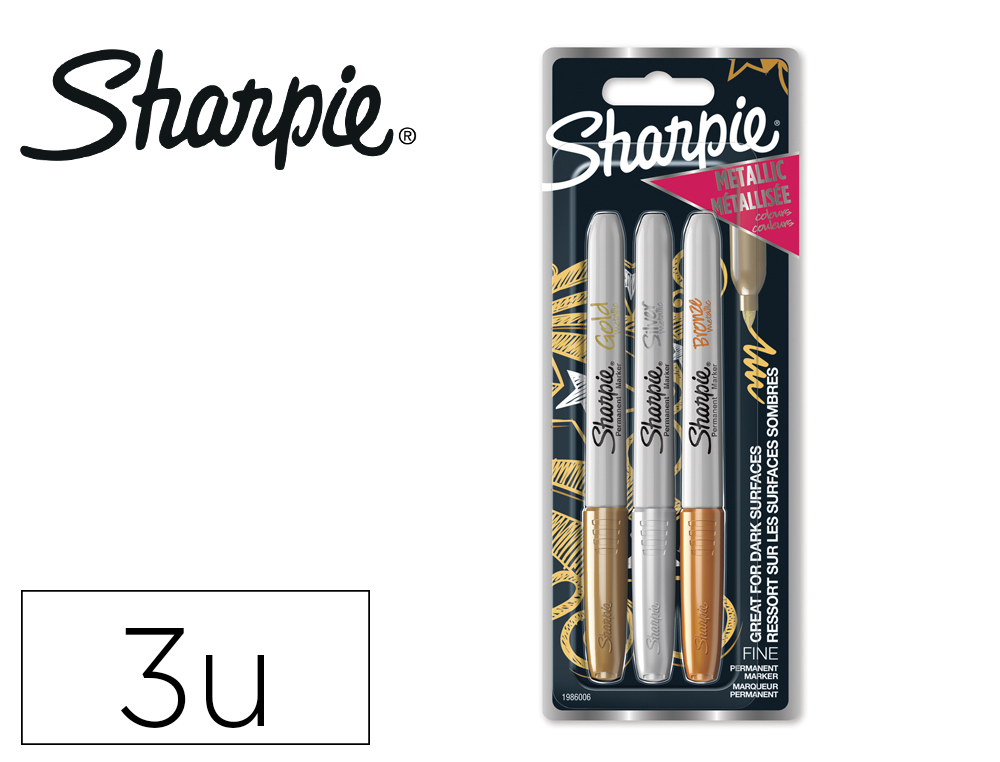 Rotulador sharpie permanente fino metalico blister de 3 unidades oro/plata/bronce