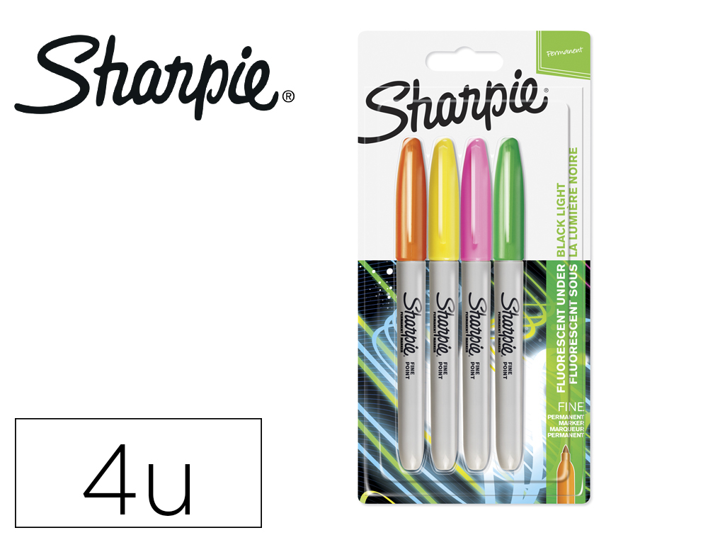 Rotulador sharpie permanente fino neon brilla bajo luz uv blister de 4 unidades colores surtidos