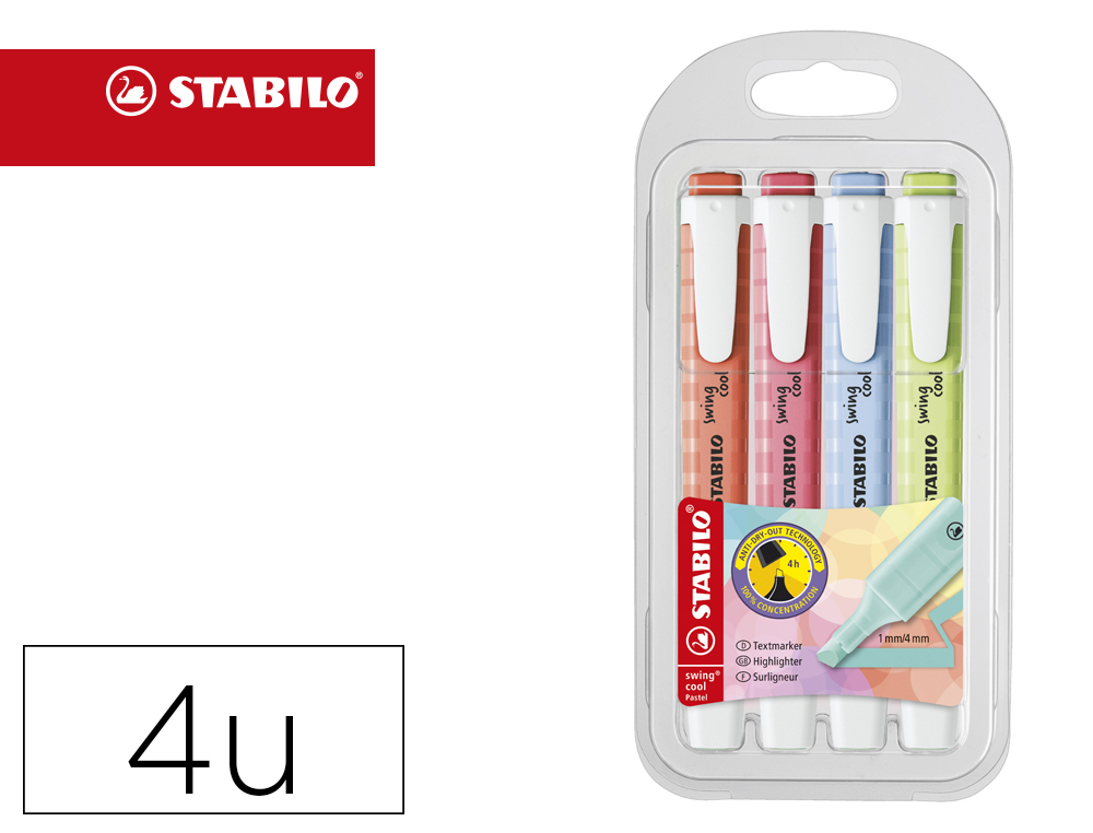 Rotulador stabilo fluorescente swing cool pastel estuche de 4 unidades colores surtidos