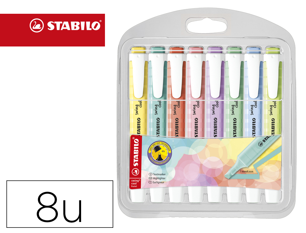 Rotulador stabilo fluorescente swing cool pastel estuche de 8 unidades colores surtidos