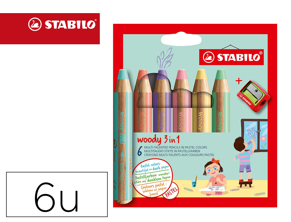 Lapices de colores stabilo woody 3 en 1 mina xxl estuche de 6 colores pastel surtidos + sacapuntas