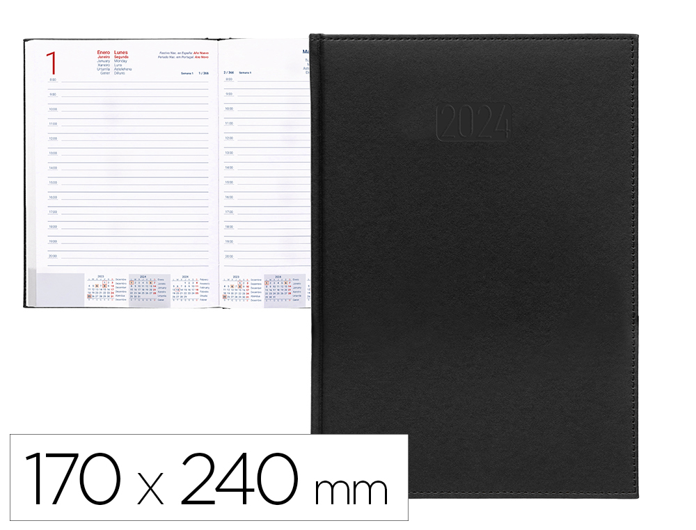 AGENDA ENCUADERNADA LIDERPAPEL CRETA 17X24 CM 2024 DIA PAGINA COLOR NEGRO PAPEL 70 GR