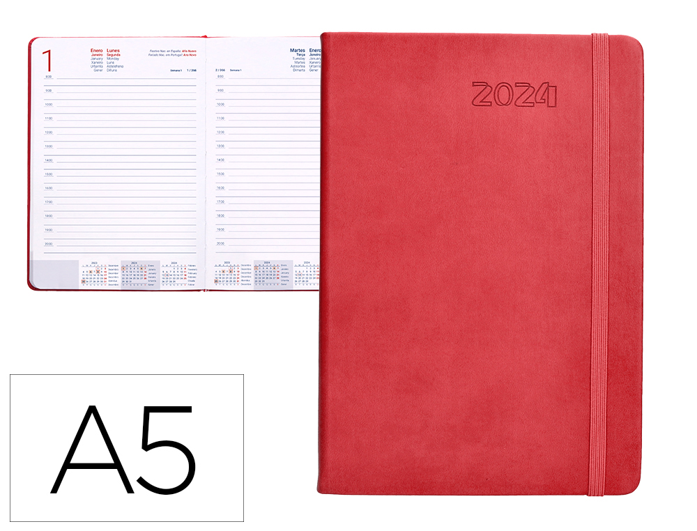 AGENDA ENCUADERNADA LIDERPAPEL ESPARTA 15X21 CM 2024 DIA PAGINA CON GOMILLA COLOR ROSA PAPEL 70 GR